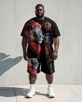 Men's Plus Size Street Red Lion Letter Print Short Sleeve T-Shirt Shorts Suit